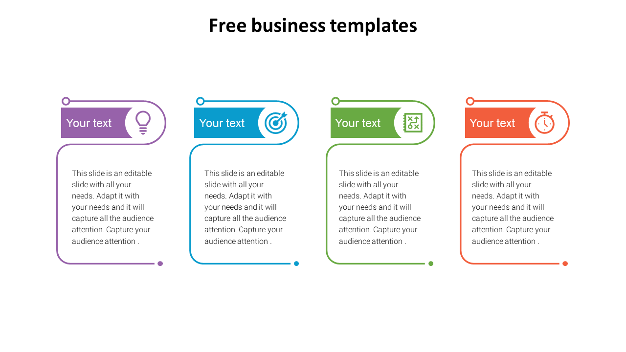 A business PPT slide featuring four sections with colorful icons and text placeholders on a white backdrop.