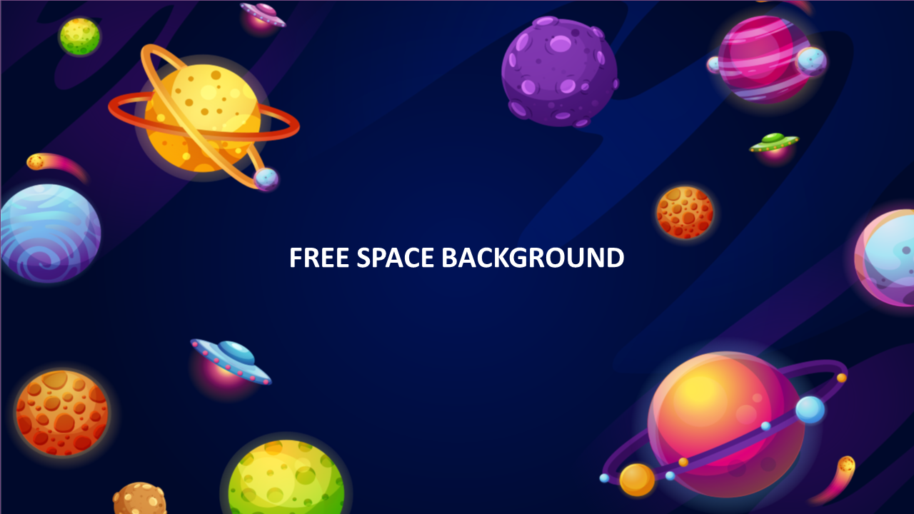 A lively space-themed background with cartoon planets, stars, and UFOs surrounding text on a dark blue canvas.