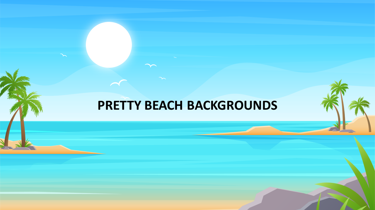 Tropical beach background template with palm trees, a bright sun, calm waters, and distant islands.