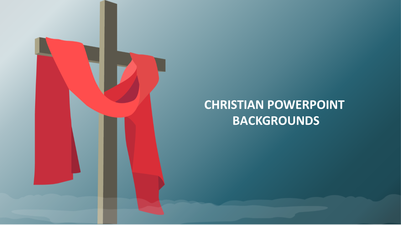 Christian background slide featuring a wooden cross draped with a red cloth, set against a soft blue gradient background.