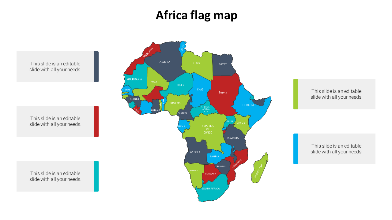 Map of Africa with each country highlighted in different colors, flanked by five text boxes on the sides.