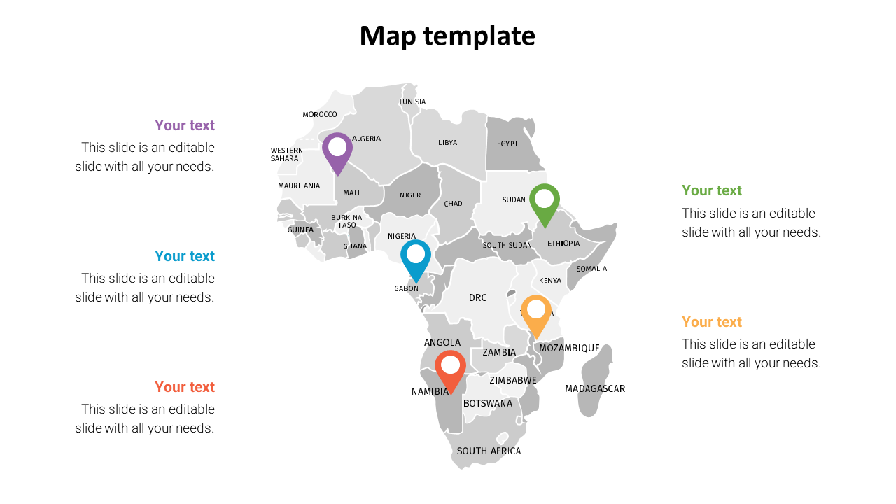 Gray Africa map with purple, green, blue, orange, and red markers and text sections on both sides.