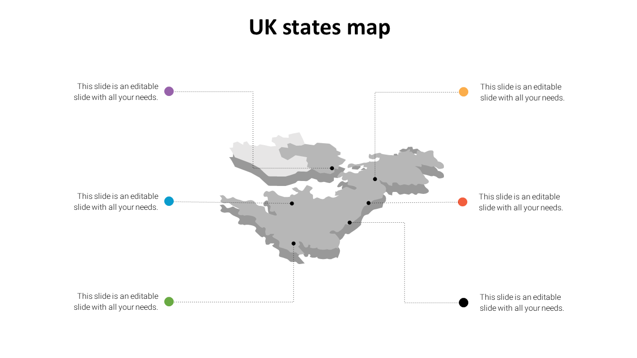 A blank UK state map with color coded markers for different regions, with space for added text.