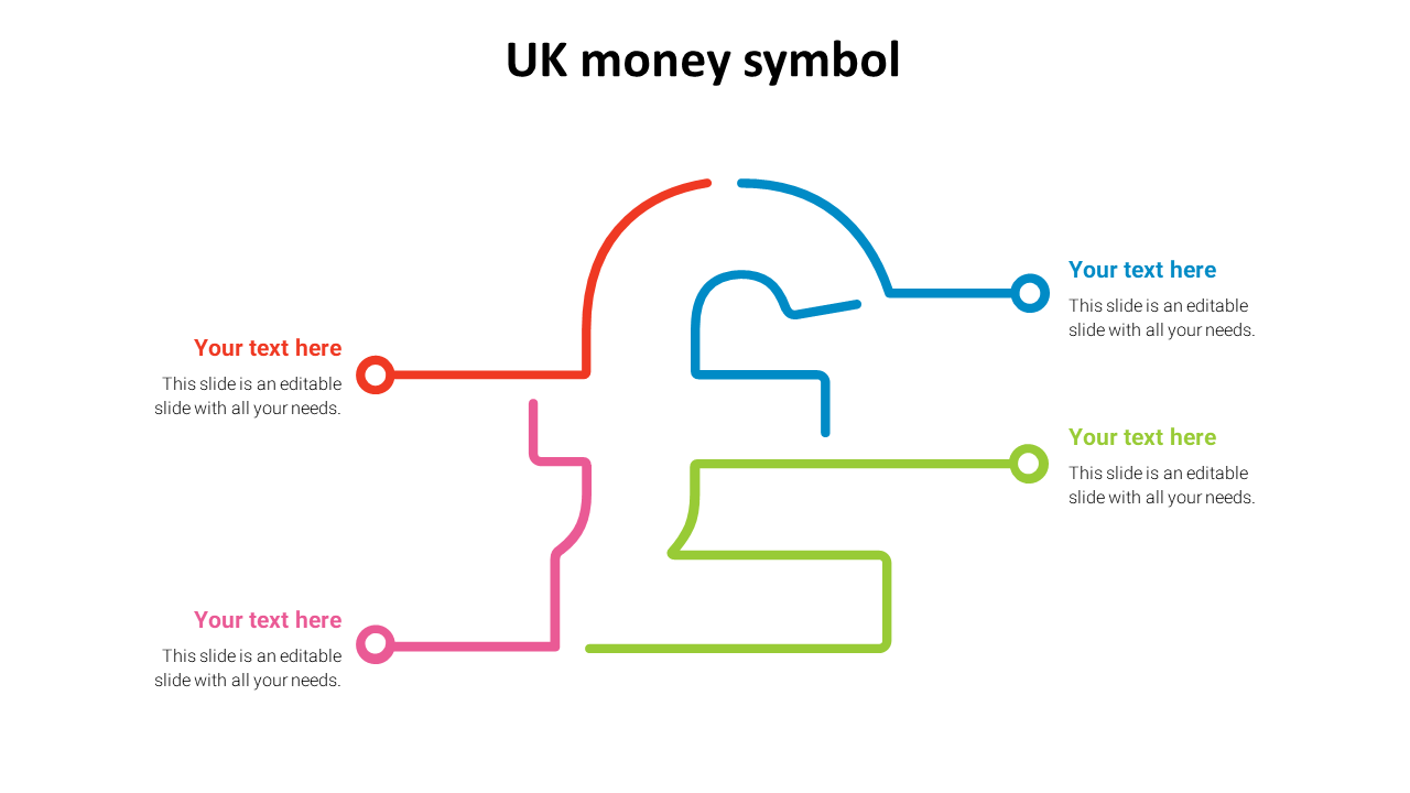 UK money symbol in colored outline with text placeholders linked by red, blue, pink, and green lines.