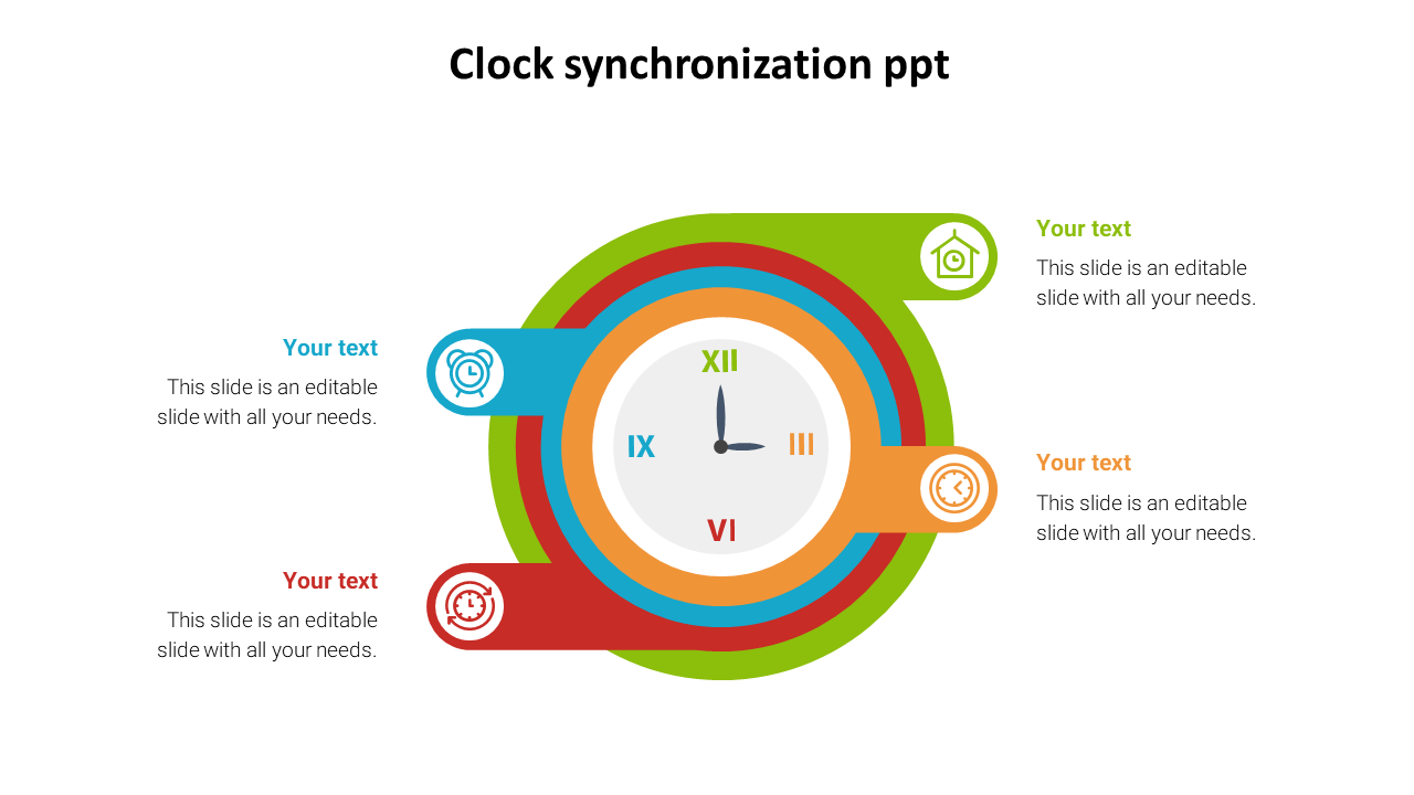 Central clock with four colored arcs containing icons for placeholder text in blue, red, green, and orange.