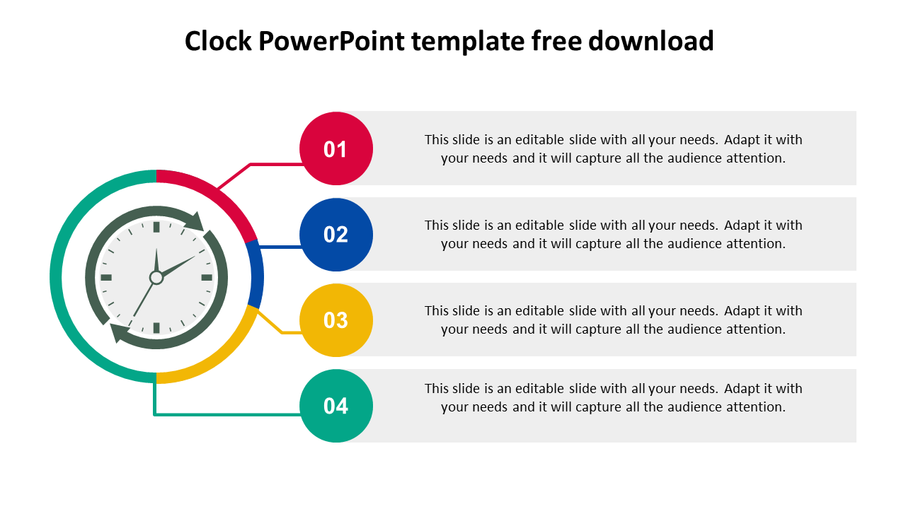 Clock themed slide with four colorful segments, each numbered and linked to a text box for detailed descriptions.