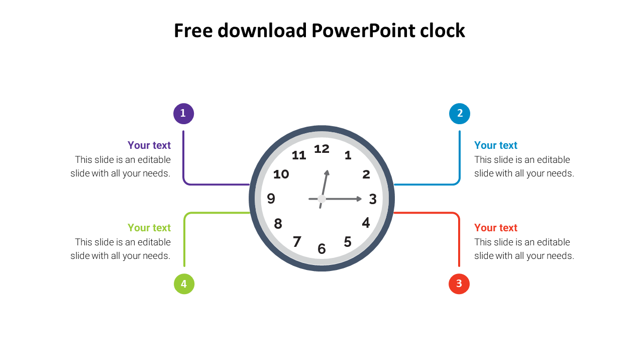 A clock illustration in the center with four numbered placeholder text boxes branching out from it.