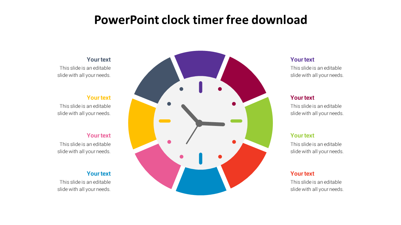 A clock illustration in the center with eight colorful sections around it, each with text placeholders.