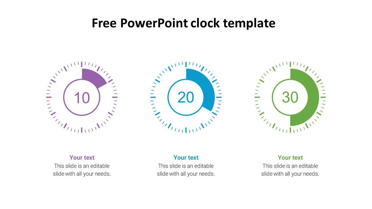 Three circular clock timers in purple, blue, and green showing minute progress, with text below.