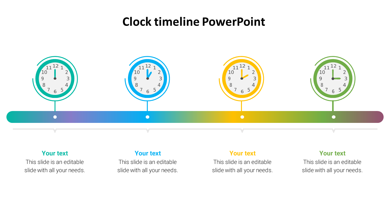 Slide with four colored clocks set at different times on a horizontal gradient line with placeholder text.