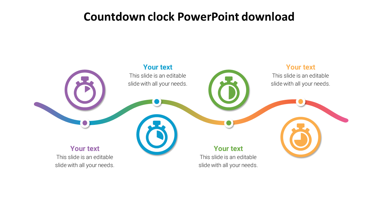 A countdown clock slide showcasing a colorful timeline with stopwatch icons with placeholder text.