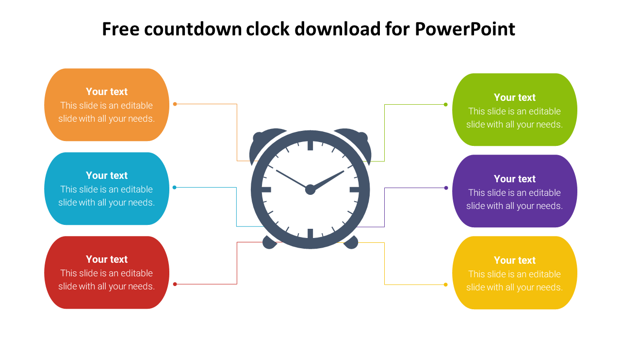 Countdown slide with a clock icon in the center, surrounded by six colorful rounded text boxes linked by lines.