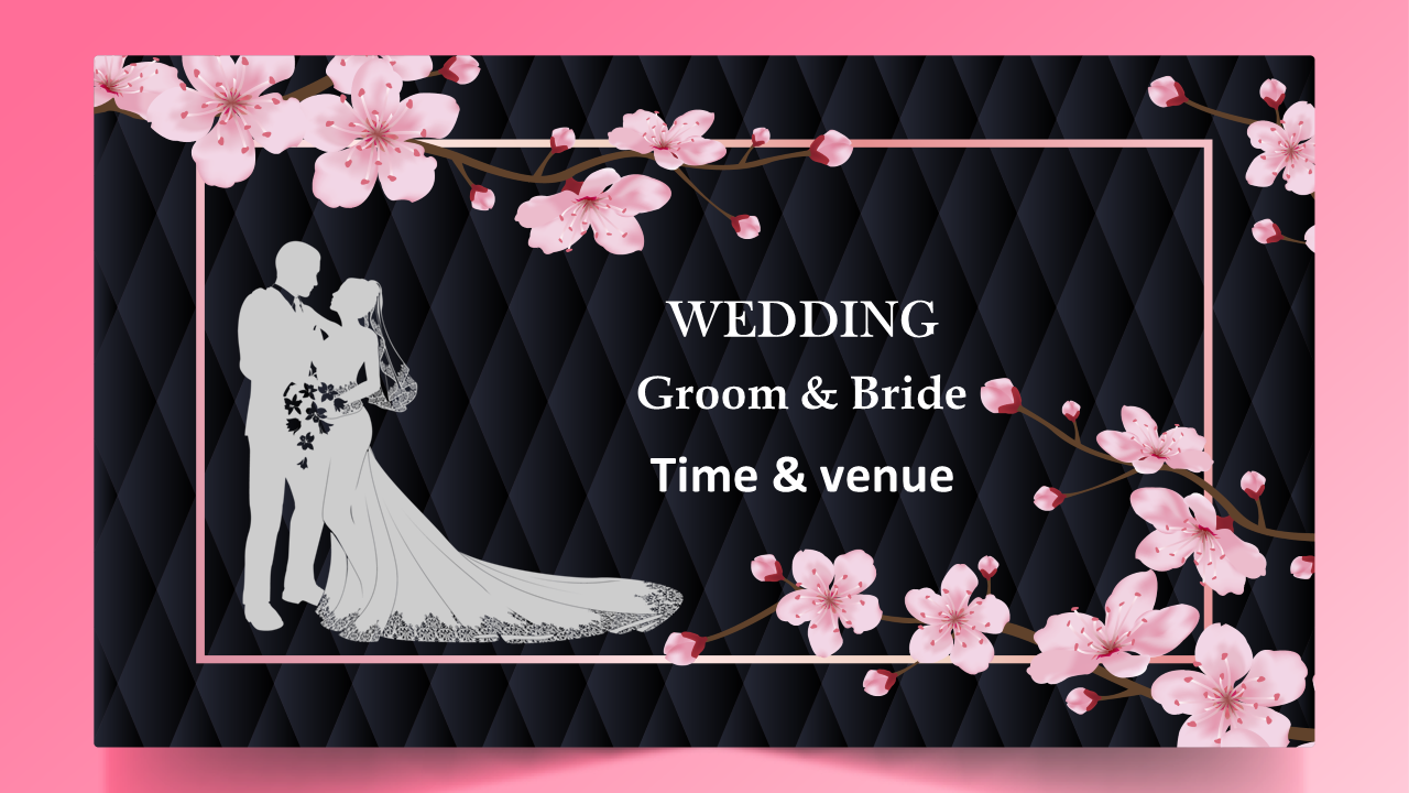 Wedding invite layout with a white couple's silhouette surrounded by pink cherry blossoms on a black quilted backdrop.