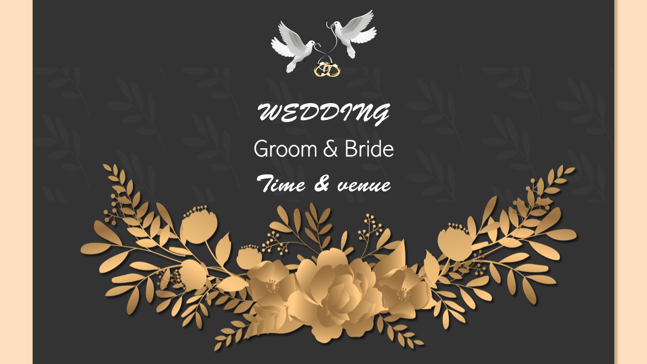 Elegant wedding invitation slide featuring gold floral designs, doves, and the text with time and venue details.