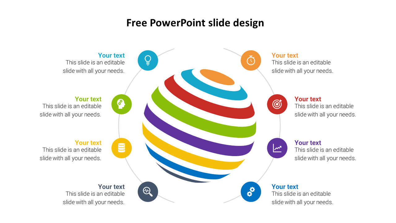 PowerPoint slide design with a colorful globe in the center and multiple sections around it for text and icons.