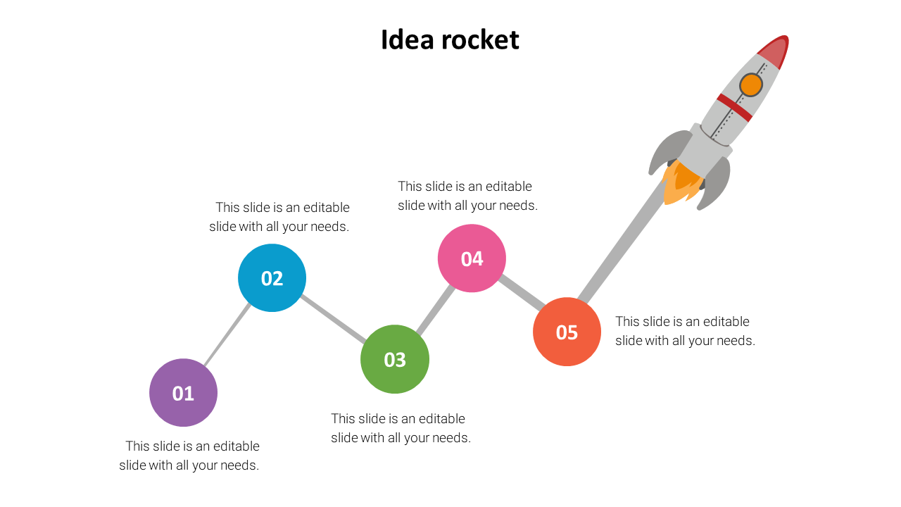 Idea rocket infographic with five numbered circles in purple, blue, green, pink, and orange, illustrating a startup process.