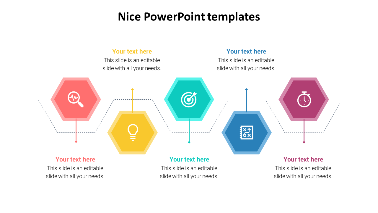 Colorful hexagonal icons representing various concepts like health, ideas, targets, strategy, and time with placeholder text.