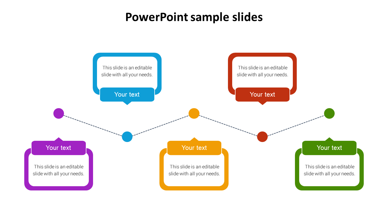 Slide with five color coded text boxes in purple, blue, yellow, red, and green, connected by a zigzagging dotted line path.