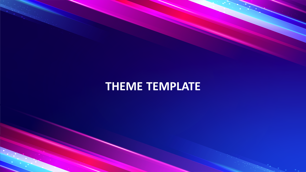 A vibrant theme PPT template with purple and pink diagonal lines across a blue background.