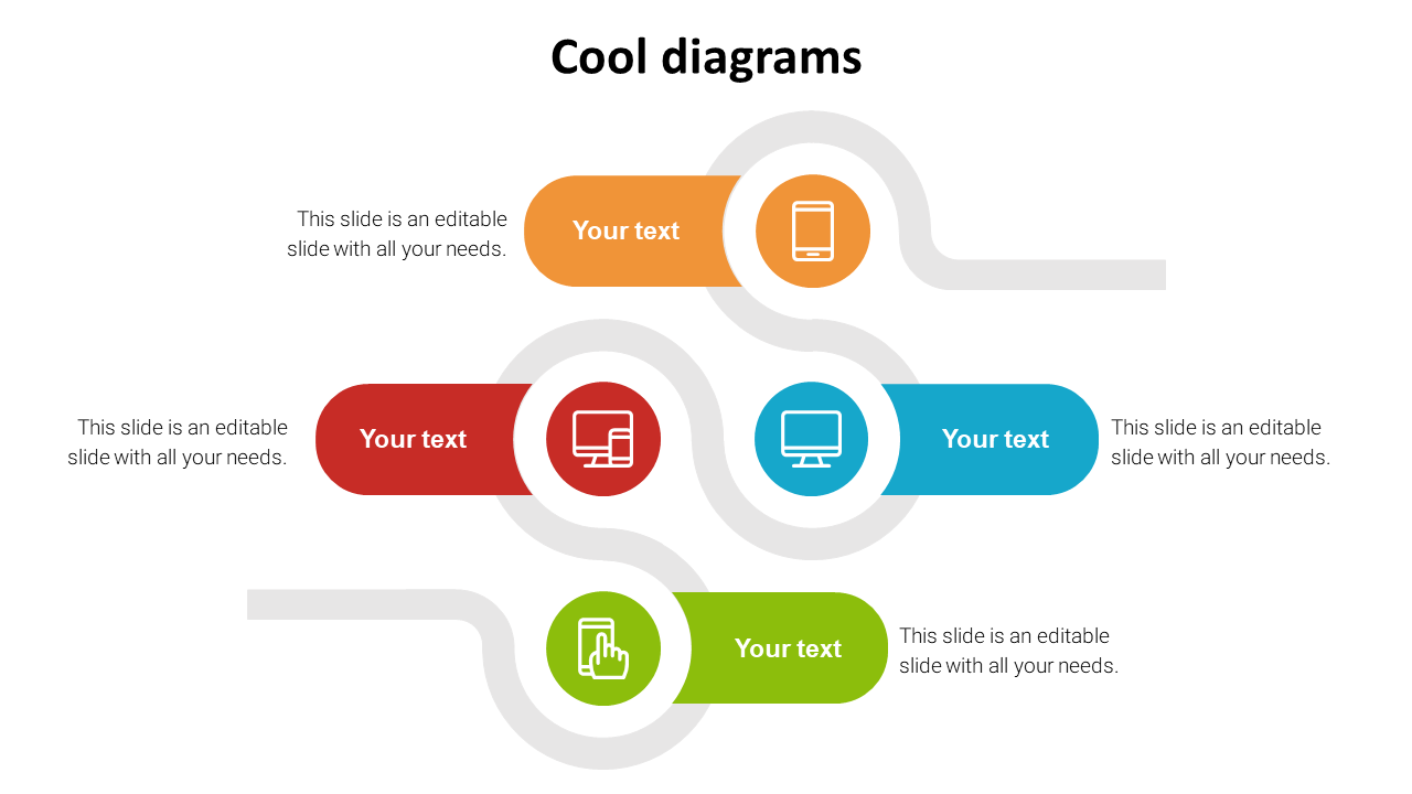 Flow diagram with curved paths connecting four colorful sections in orange, blue, red, and green, each with icon and text.