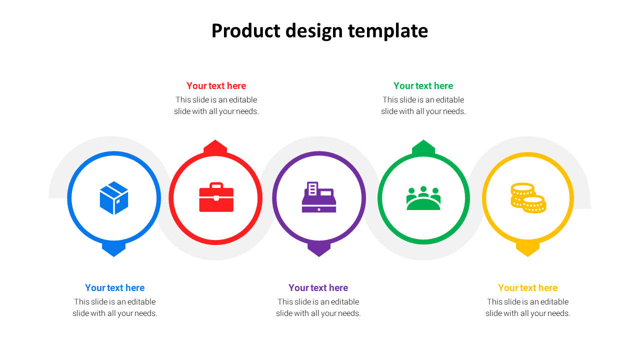 A colorful product design PPT template with circular icons and placeholder text on a white backdrop.