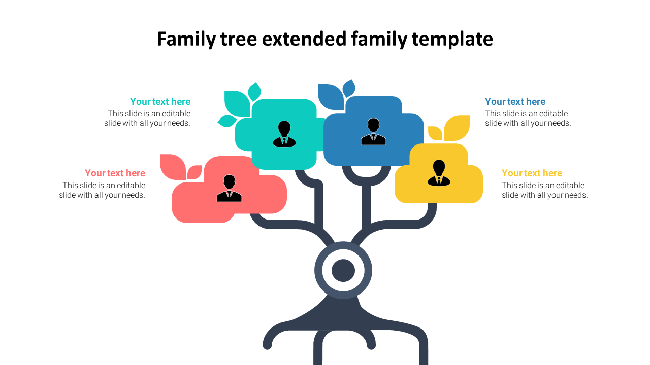 Extended family tree template with colorful branches and placeholder icons for family members.