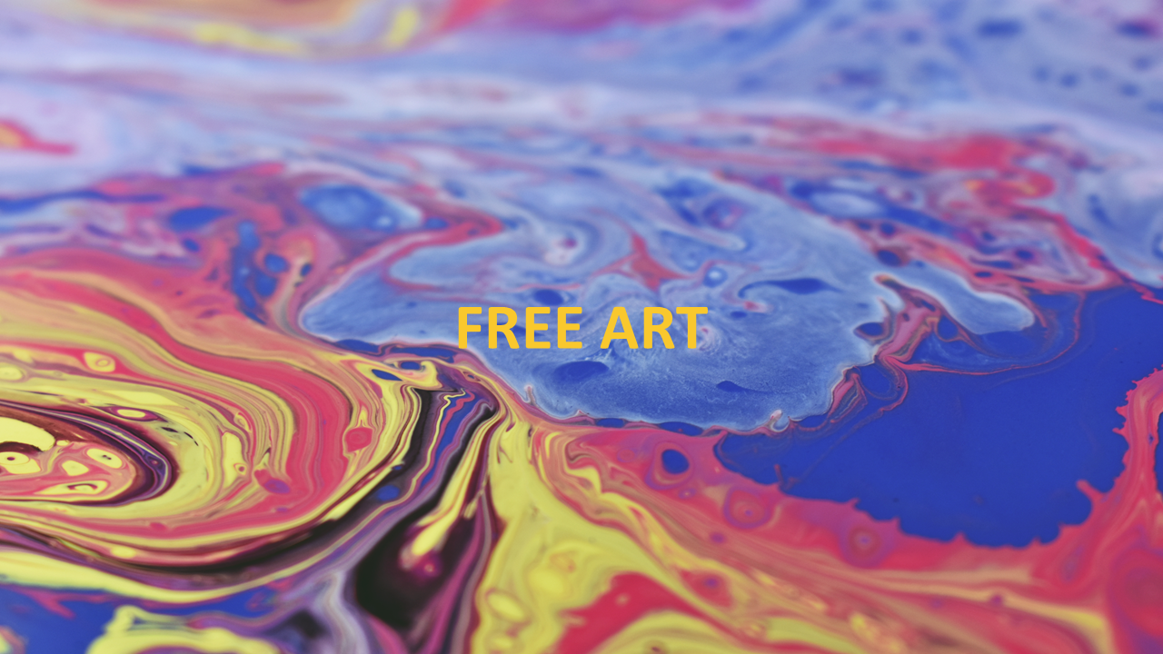 Colorful abstract fluid art PPT slide with vibrant swirls of blue, red, and yellow, with text.