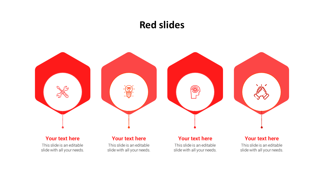 Four red hexagons with white circular centers, each containing an icon, connected to text areas below with dotted lines.