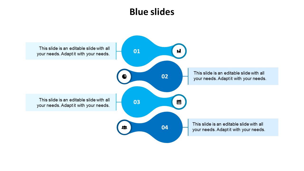 Slide with four blue droplet shaped elements, each numbered, connected to light text boxes on a white background.