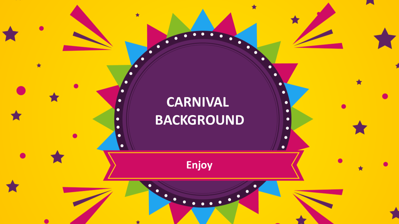 Vibrant carnival background slide with a colorful starburst pattern, a purple circular center, and a pink ribbon with text.