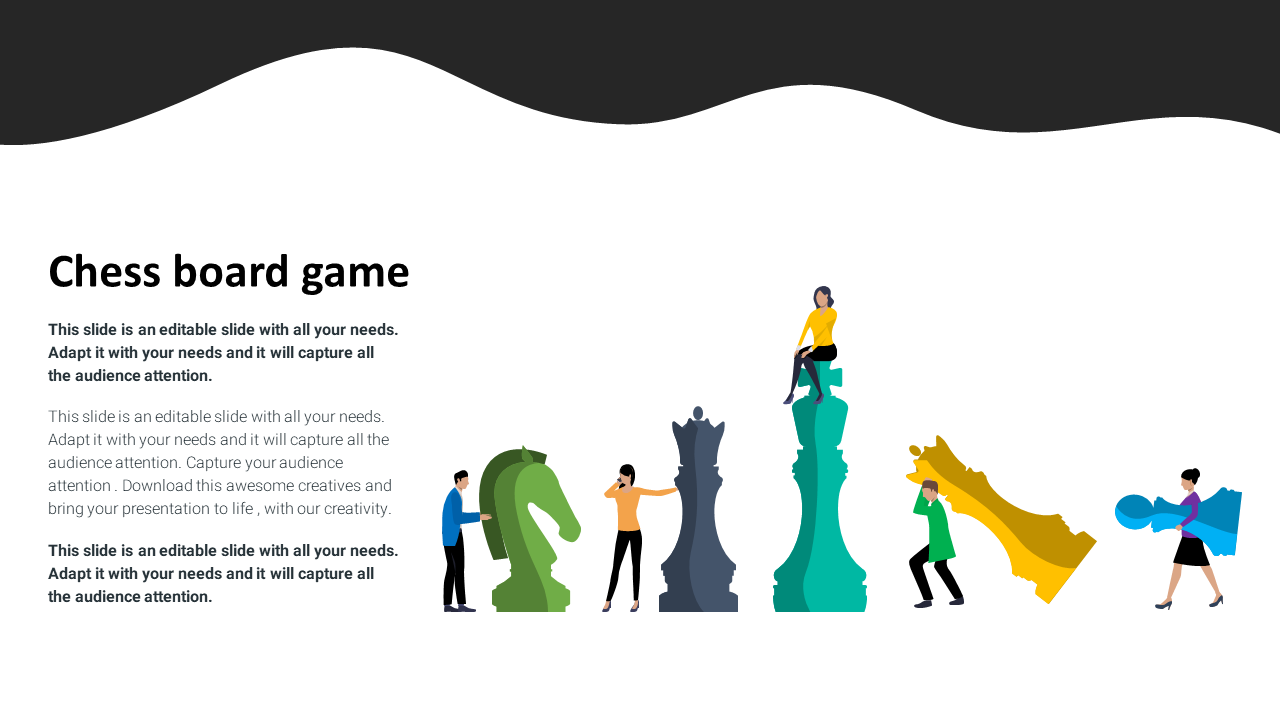 Illustration of people interacting with large chess pieces, representing various roles in a chess board game with text.