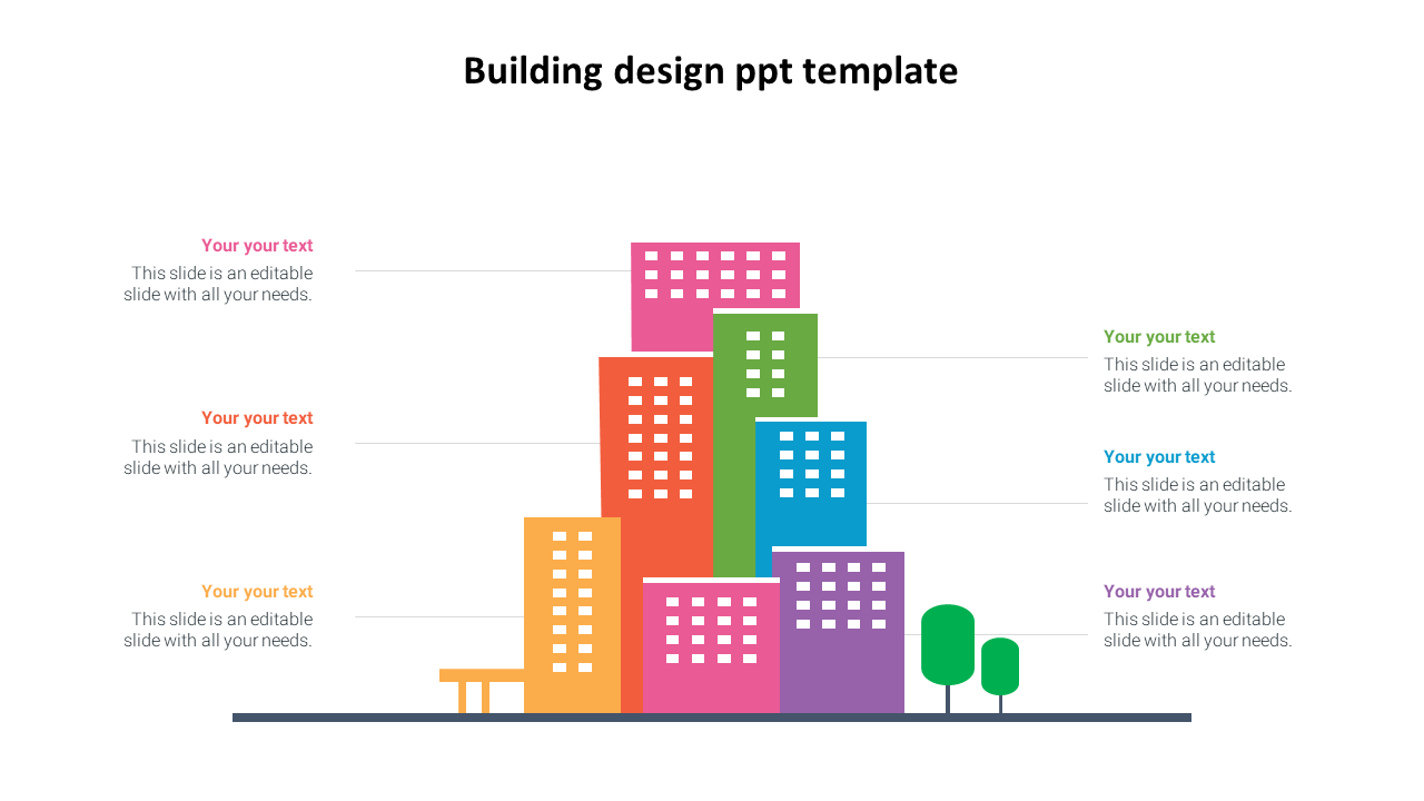 Slide with layered buildings in orange, pink, green, blue, yellow, and purple, and text areas on either side.