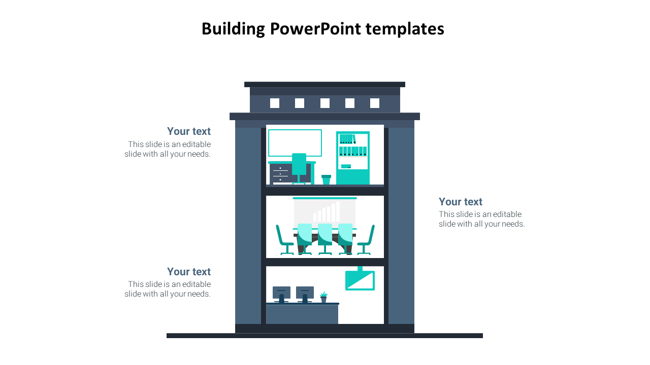 Building PowerPoint template with a multi story building design and space for text in each floor section on a white backdrop.