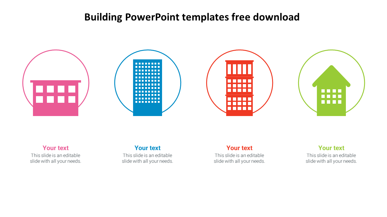 Four building icons in pink, blue, red, and green circles, each with corresponding text boxes underneath.