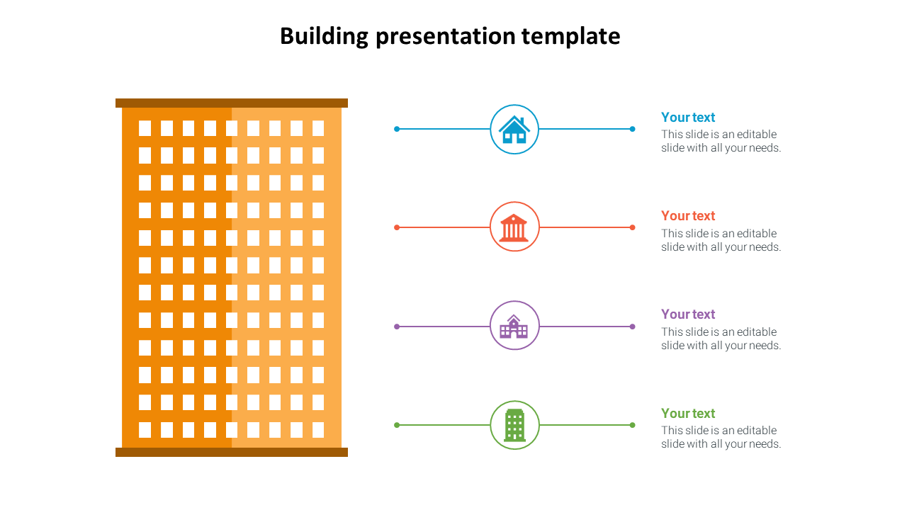 Orange high rise building illustration with four horizontal lines leading to circular icons in blue, red, purple, and green.