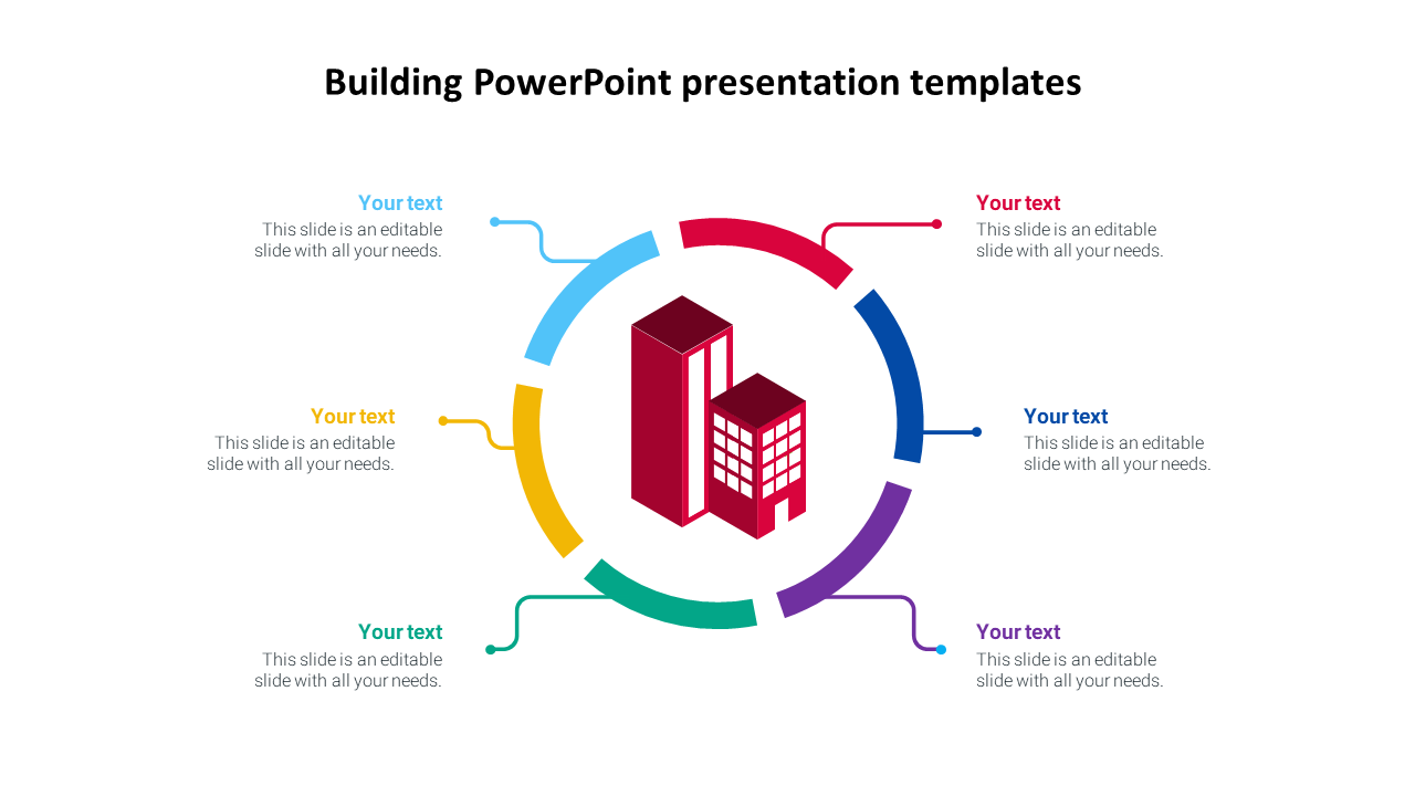 Building PowerPoint template featuring a circular design with colorful arrows surrounding a central building graphic.