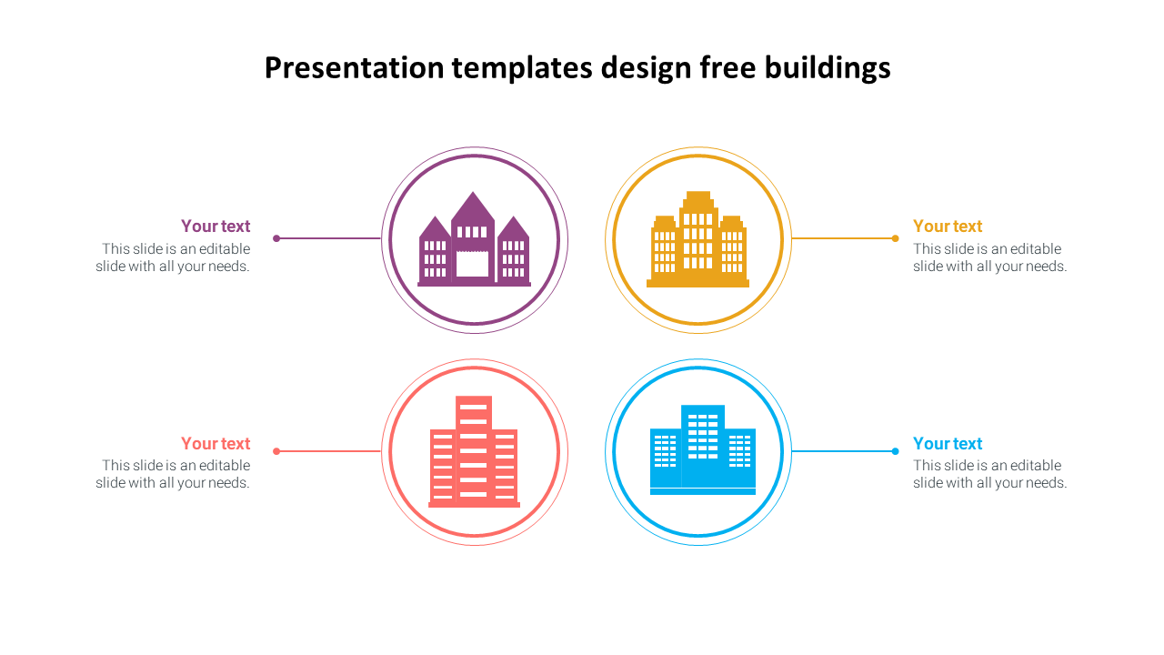 Four circular icons of buildings in purple, yellow, red, and blue, with text areas on each side.