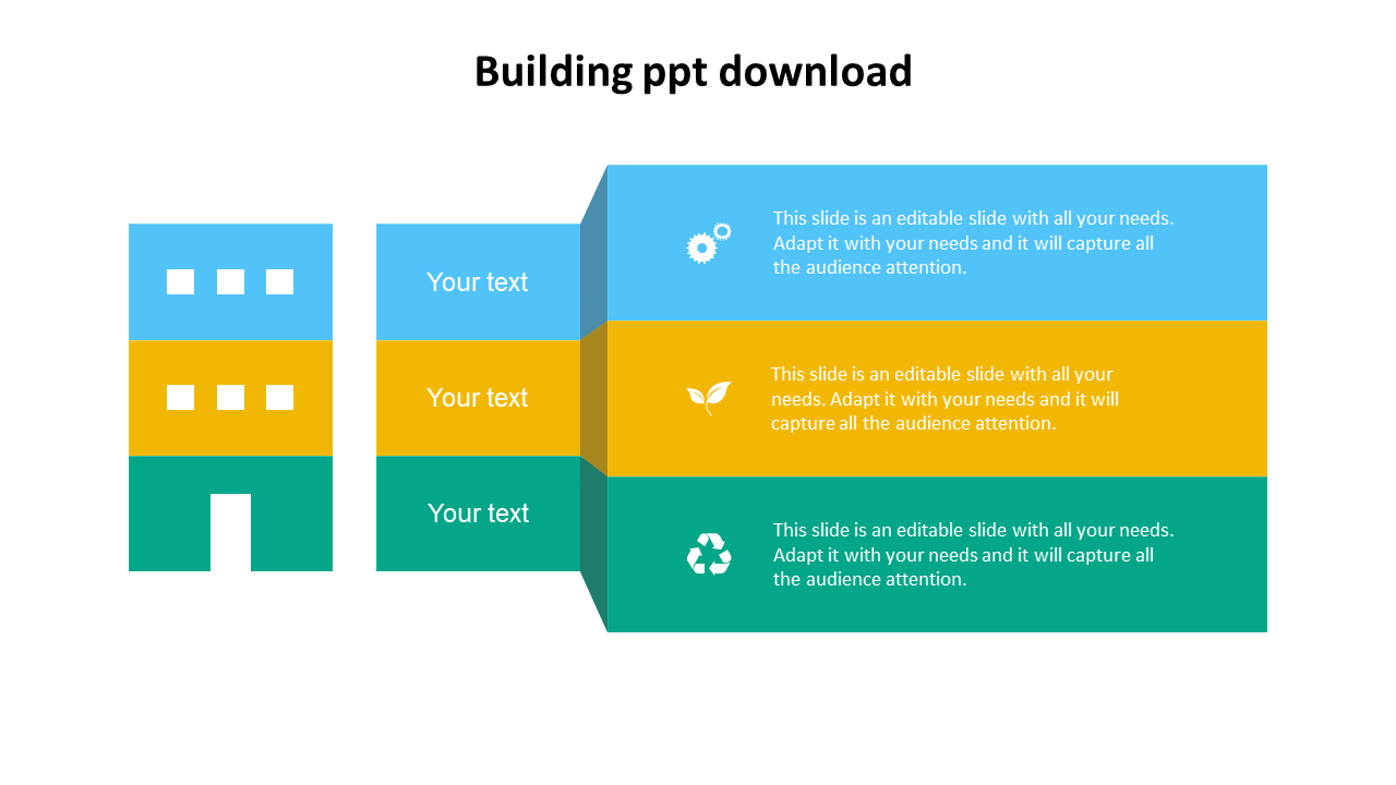 Building layout with three horizontal sections in blue, yellow, and green colors each with a caption areas.