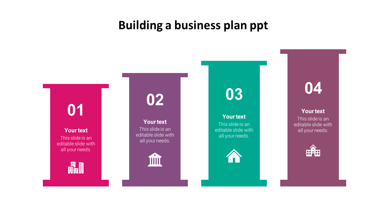 Four pillar shaped blocks in pink, purple, green, and brown, each numbered 01 to 04, and featuring business related icons.