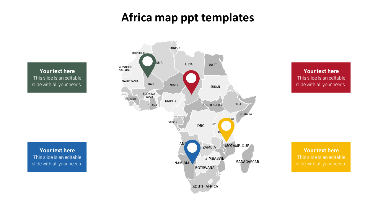 Grayscale map of Africa with colored location pins in green, red, blue, and yellow, with text boxes in matching colors.