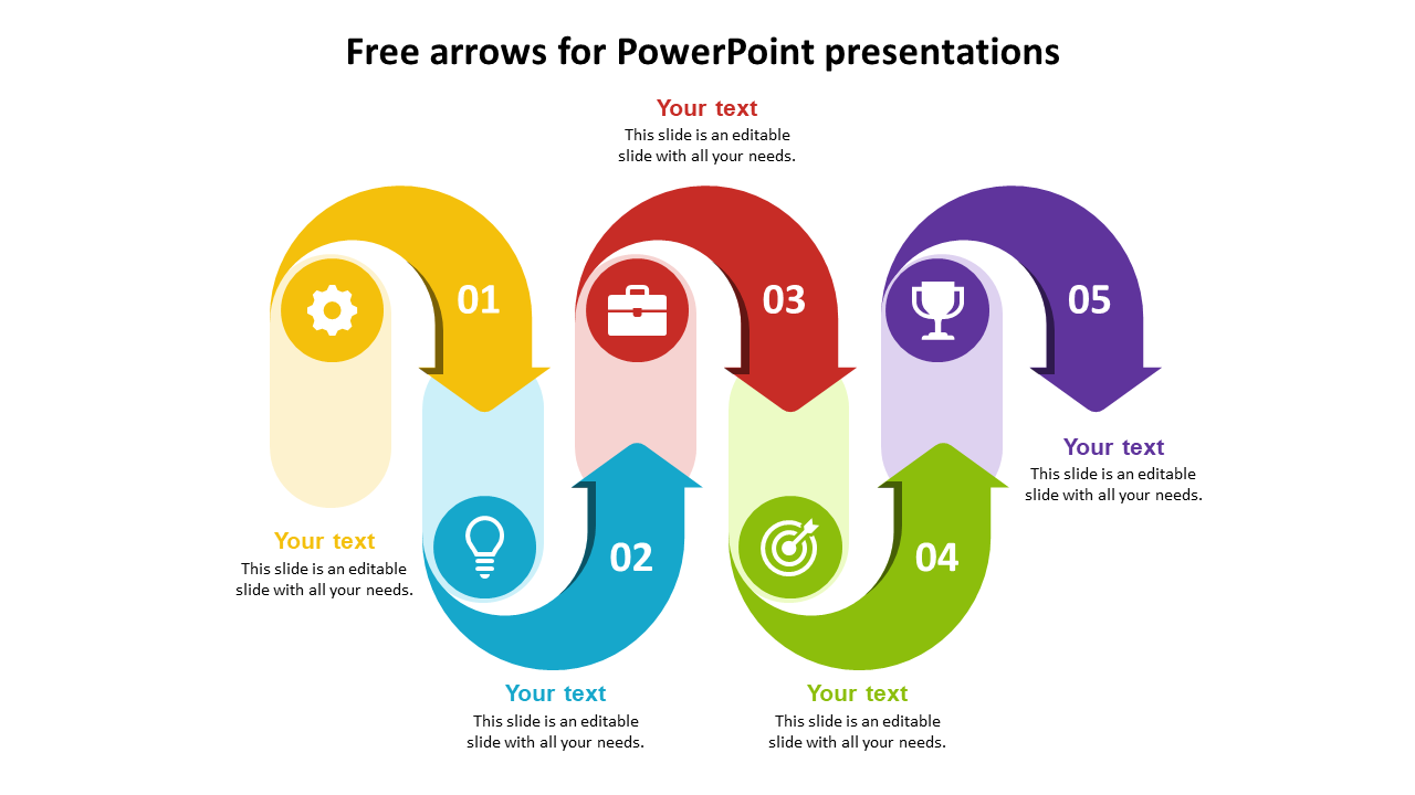 Five multicolored arrows in a wavy pattern numbered 1 to 5 with corresponding icons and text placeholders.