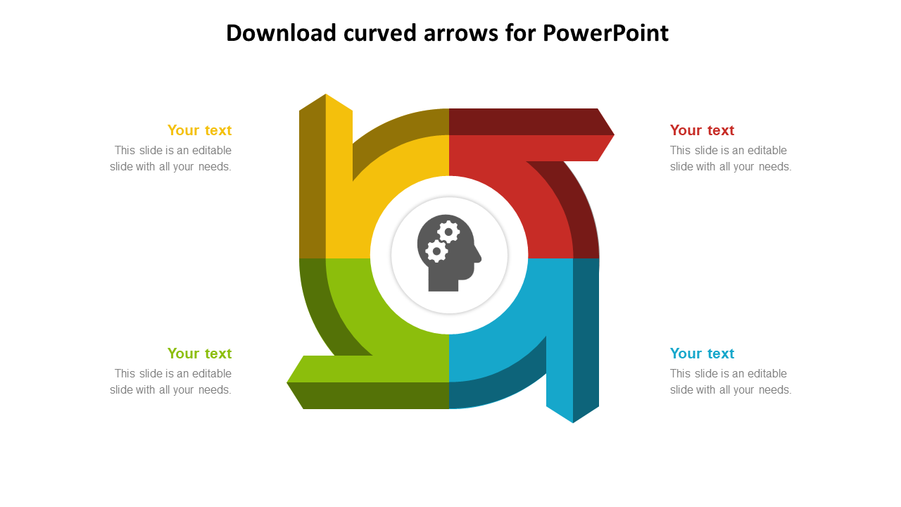 PowerPoint slide featuring colorful curved arrows around a central icon of a person with gears for a brainstorming concept.