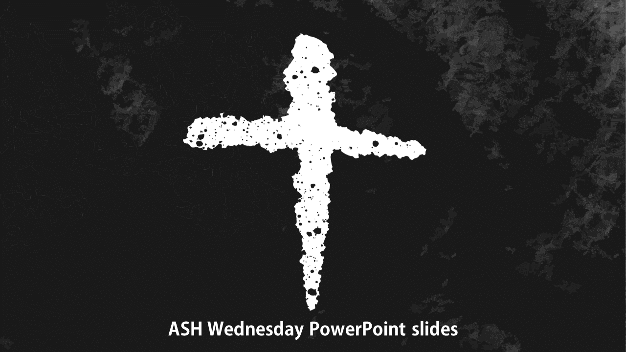 White cross with rough edges centered on black textured background and ash wednesday text below.