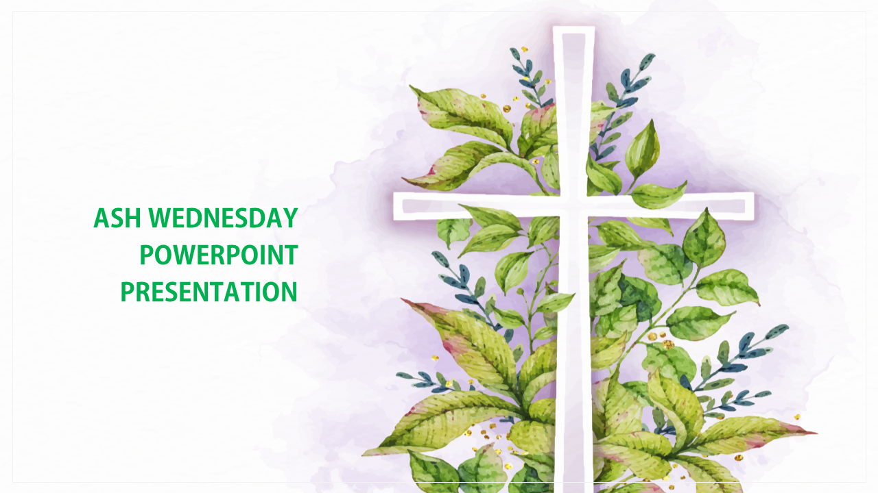 White cross with green leafy branches on purple watercolor background illustrating ash wednesday theme.