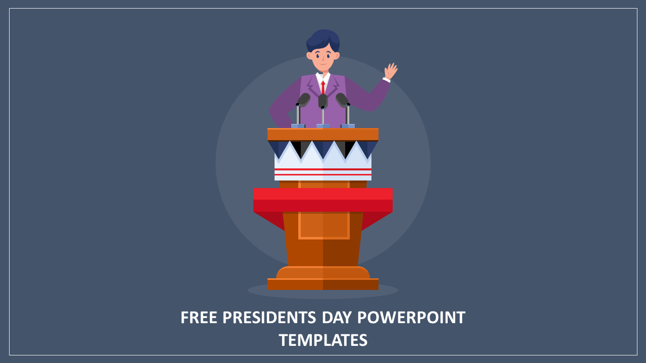 Illustration of a person in a suit for president day standing behind a podium with microphones, in a dark blue background.