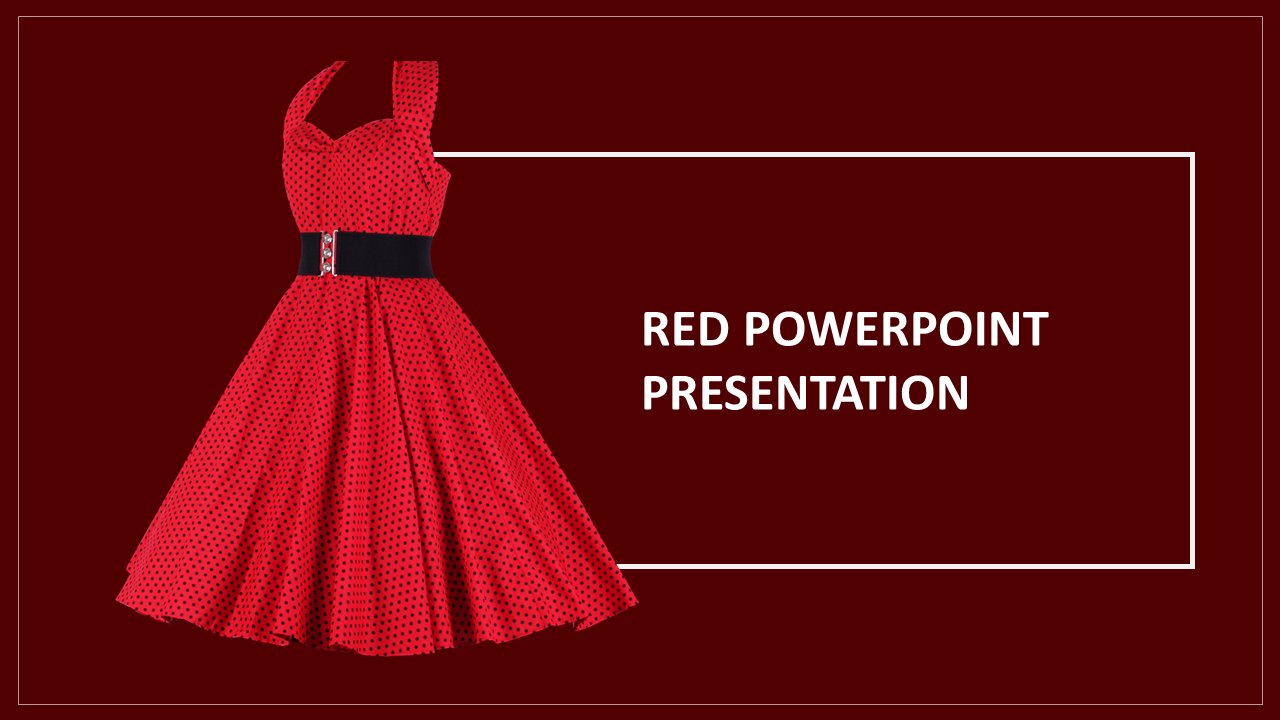 A red polka dot dress is displayed alongside the text on a dark red background.