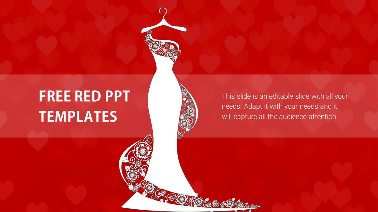 White gown with intricate floral patterns on a red background filled with heart shapes and a semi transparent text box.