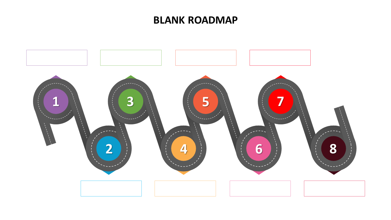 Curved roadmap design slide with eight numbered milestones in colorful circles and blank boxes for text input.