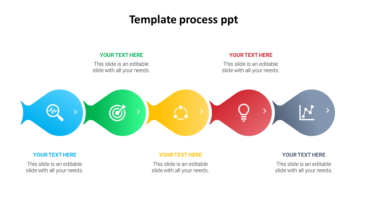 PPT slide for process presentation featuring a colorful flowchart with icons for analysis, target, teamwork, idea, and data.