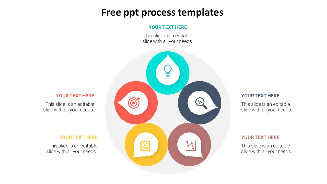 circular process diagram with five colorful icons in teal, red, yellow, brown, and gray, each linked to text placeholders.